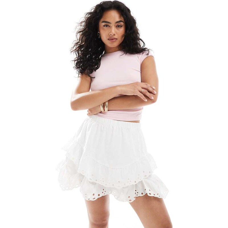 Object tiered broderie mini skort in white 108536396
