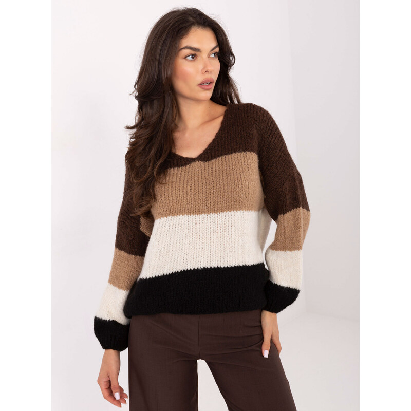 RUE PARIS Hnědo-černý dámský vlněný oversize svetr -brown Hnědá 108707695