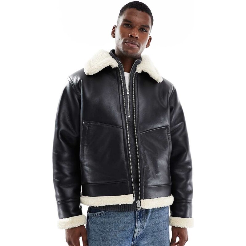 Jack & Jones faux leather aviator jacket in black