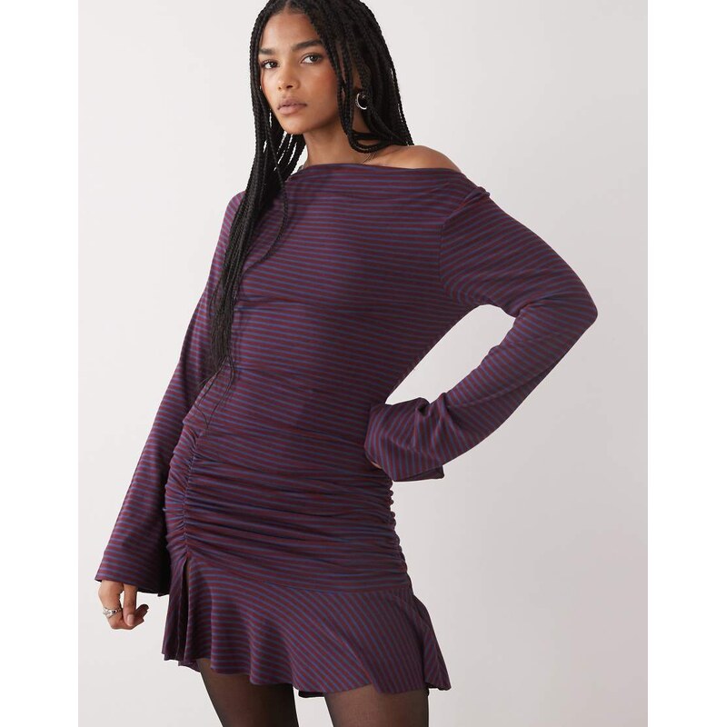 COLLUSION long sleeve mini dress in blue and burgundy stripe-Multi 108901329