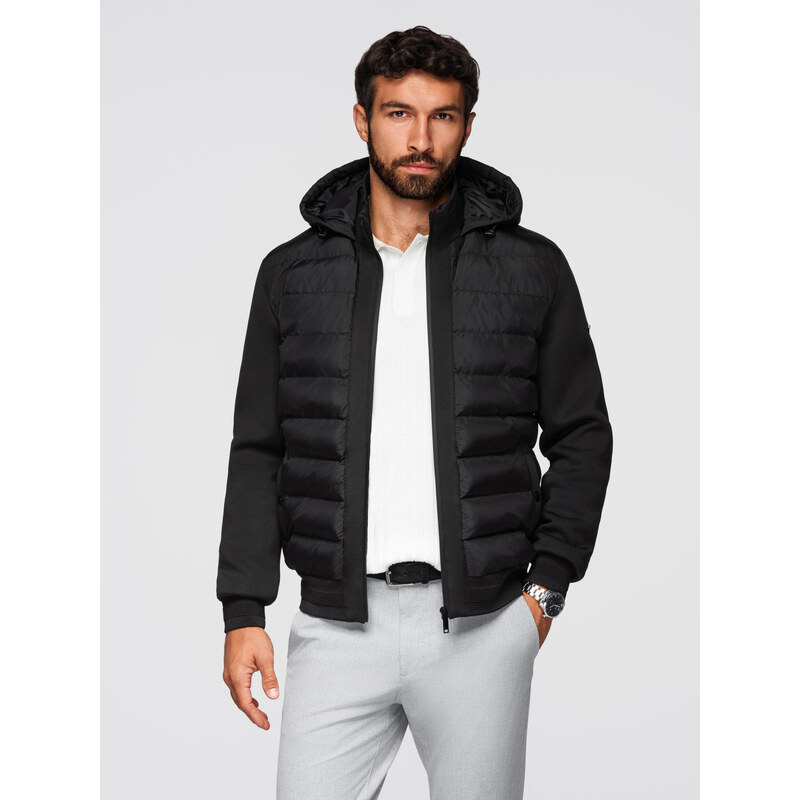 Ombre Quilted bomber jacket with hood and knitted sleeves -