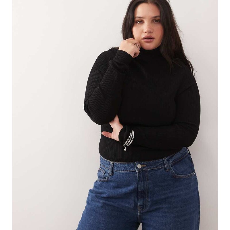 COLLUSION plus soft knitted ribbed roll neck in black 112144443