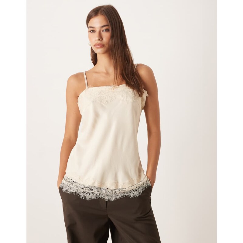 ASOS DESIGN lace hem satin cami top in cream-White 108540121