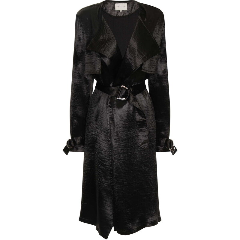 Topshop **Black Satin Trench Coat With D-Ring Detail and Collarless Neckline by Lavish Alice