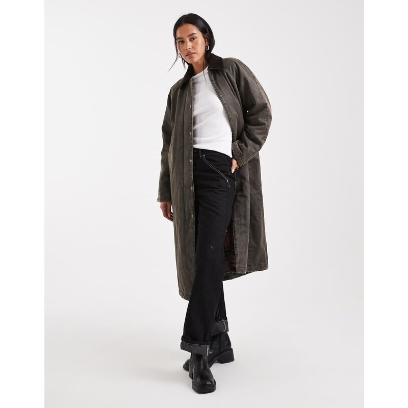 ONLY longline padded barn jacket in washed chocolate-Green 108592660