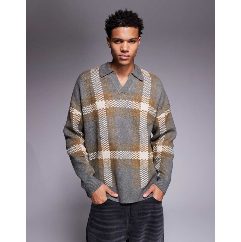 ASOS DESIGN oversized knitted notch neck polo jumper in grey