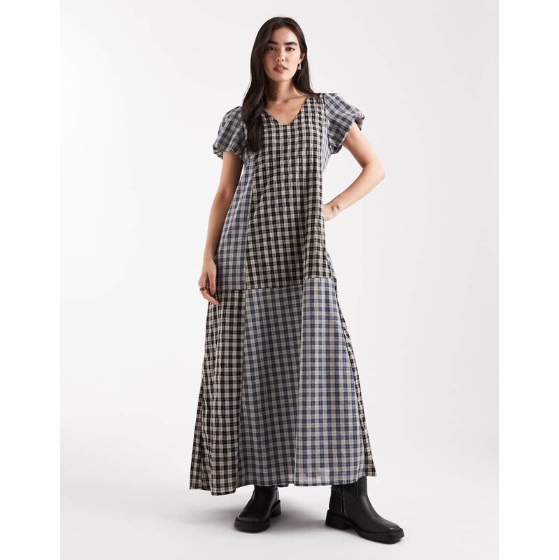 Daisy street short puff sleeve maxi dress in mixed check-Multi