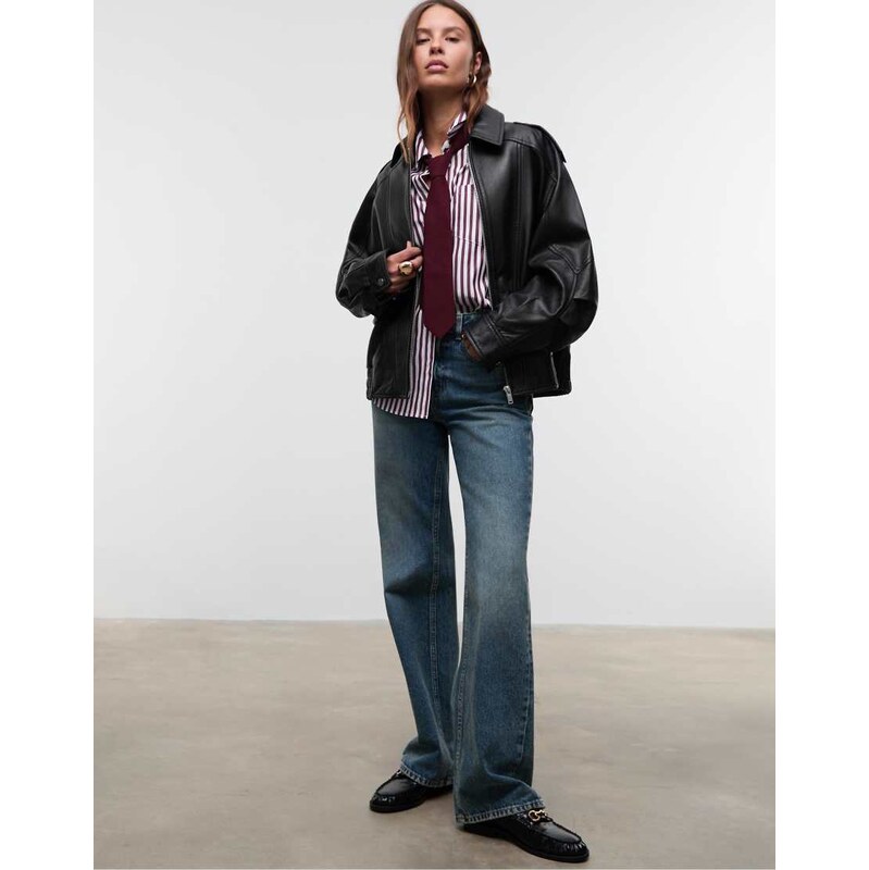 Stradivarius 100% leather oversize jacket in black 113297211