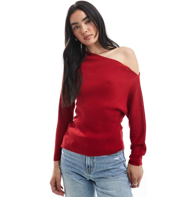 ASOS DESIGN knitted asymmetric off shoulder top in rib in red