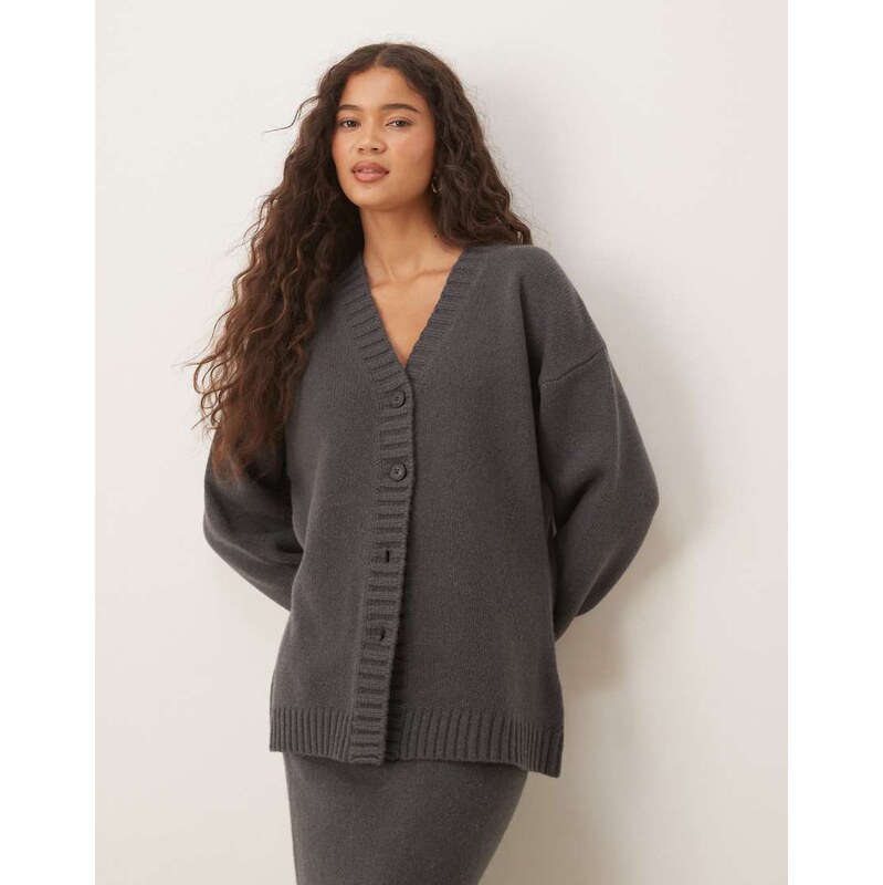ASOS DESIGN longline waisted cardigan in premium lambswool co-ord in charcoal - CHARCOAL-Grey