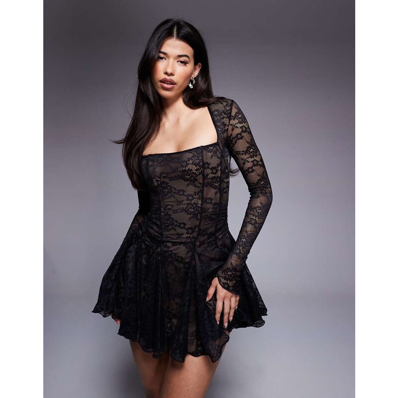 Murci square neck long sleeve gathered ruffle hem lace mini