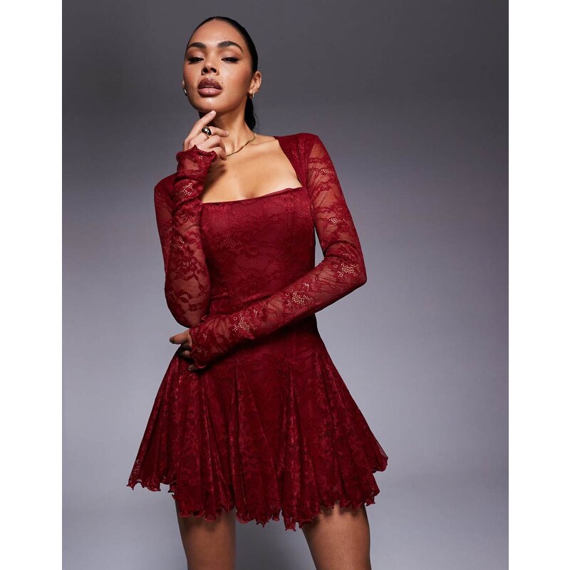 Murci square neck long sleeve gathered ruffle hem lace mini