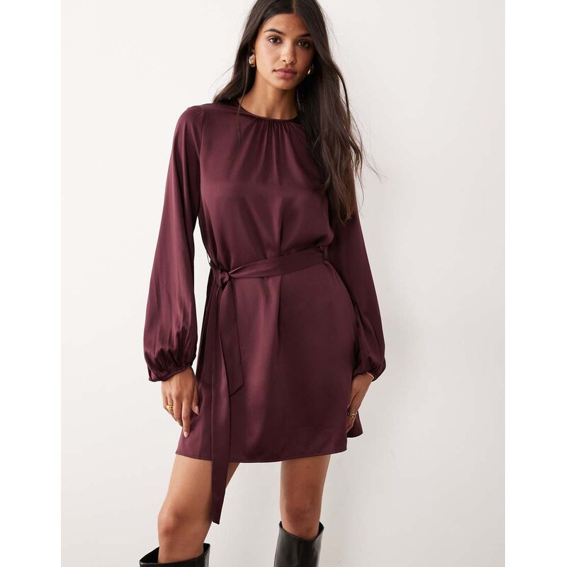 Vila balloon sleeve satin tie waist mini dress in burgundy-Red