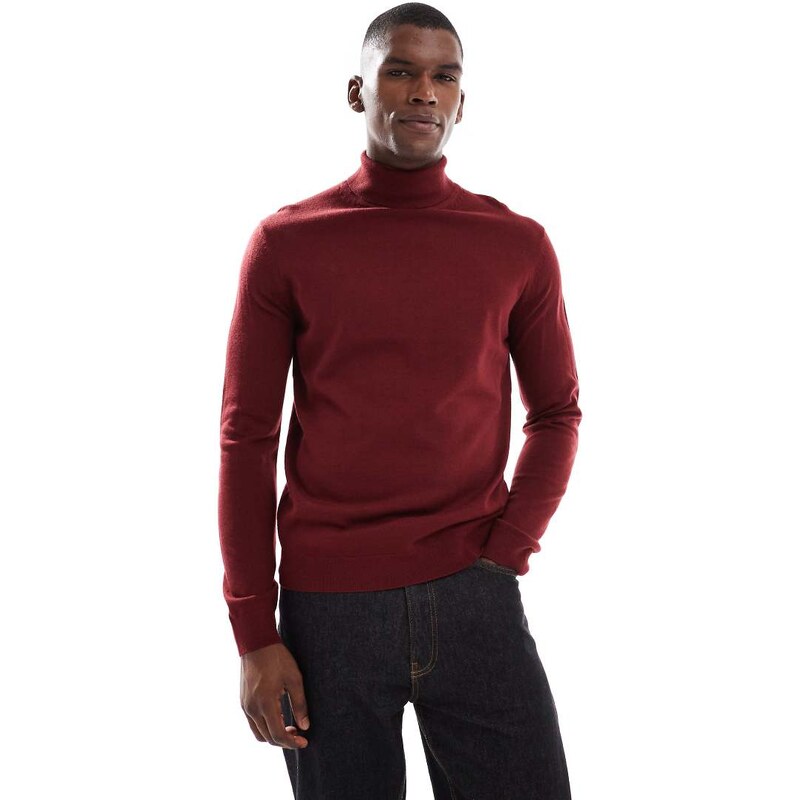 New Look roll neck jumper in burgundy-Red