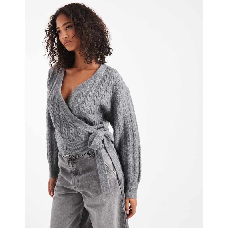 New Look cable knit wrap cardigan in mid grey