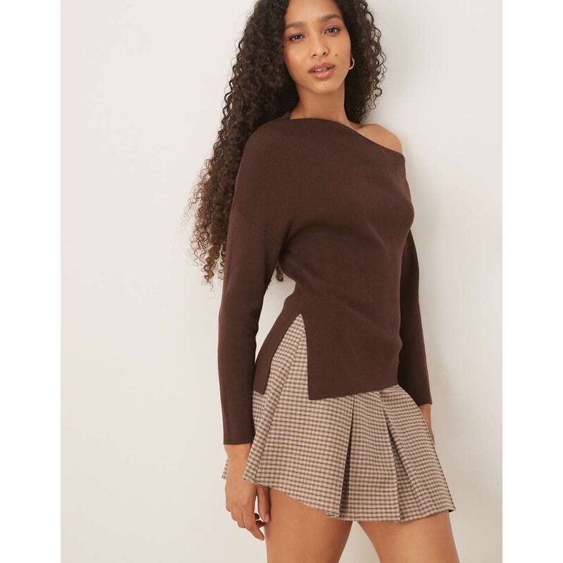 ASOS DESIGN knitted asymmetric off shoulder top in rib in