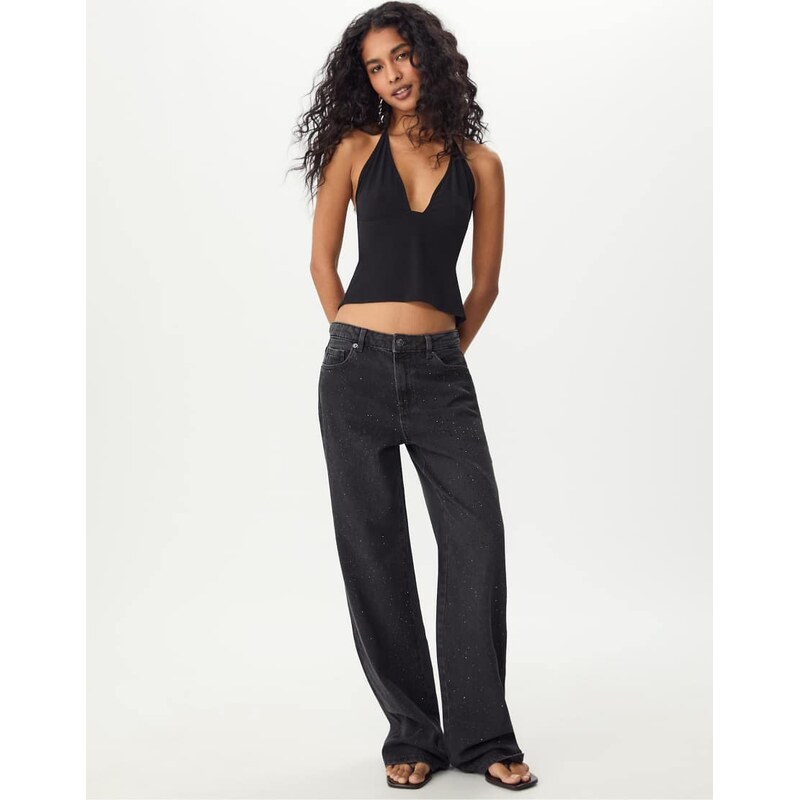 Stradivarius Straight-fit jeans with rhinestones in black denim washed 108543575