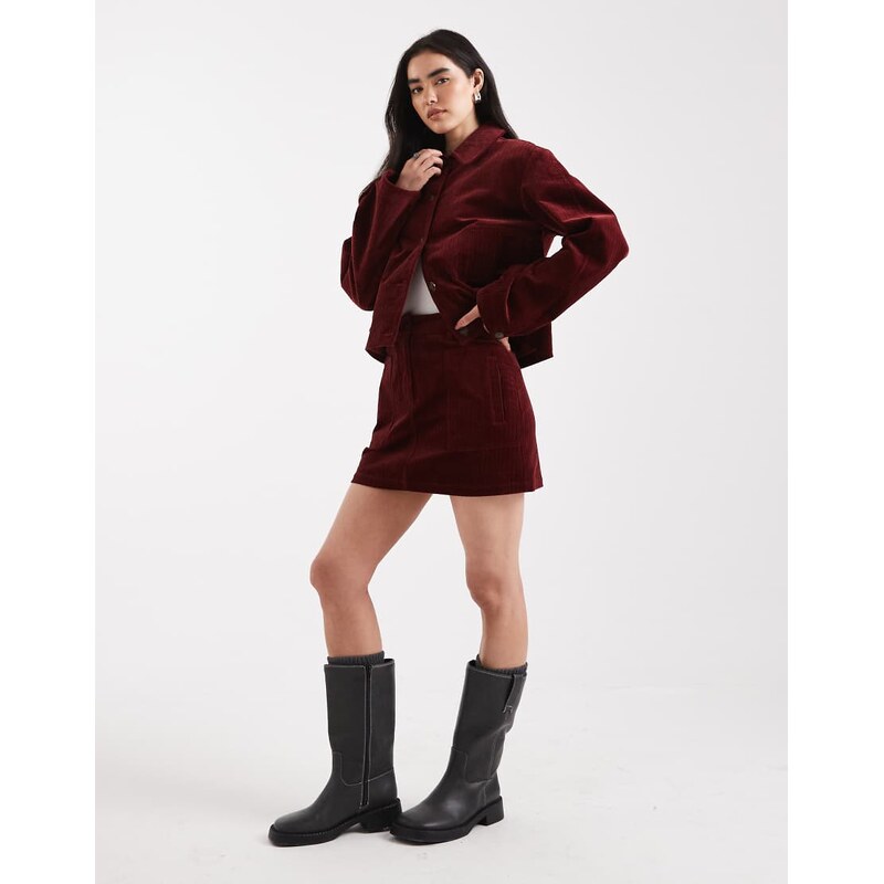 ASOS DESIGN cord mini skirt co-ord in burgundy-Red