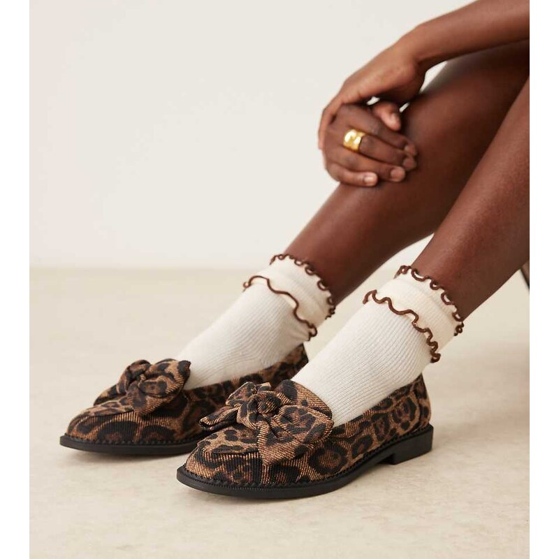 ASOS DESIGN Wide Fit Memphis bow detail flat shoes in leopard-Multi 111338026