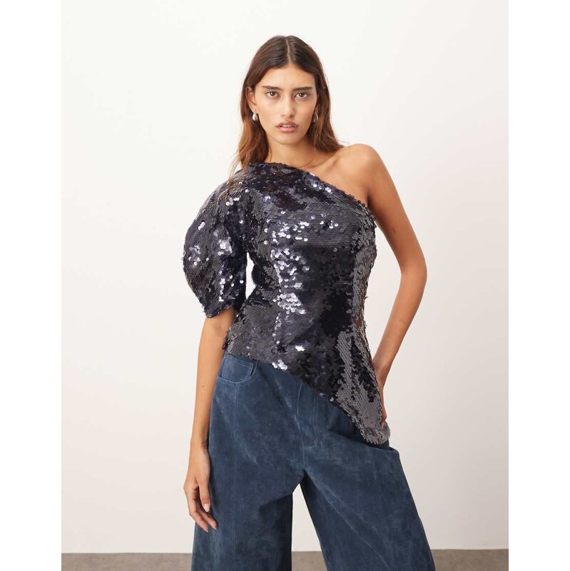 ARRANGE sculptural one shoulder sequin top in navy-Blue 108551504