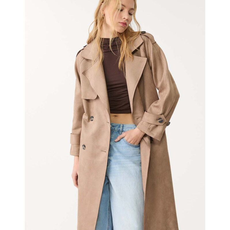 Stradivarius faux suede trench coat in caramel-Brown