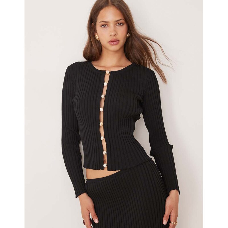 SNDYS ribbed knit pearl open detail long sleeve top co-ord in black 108551535
