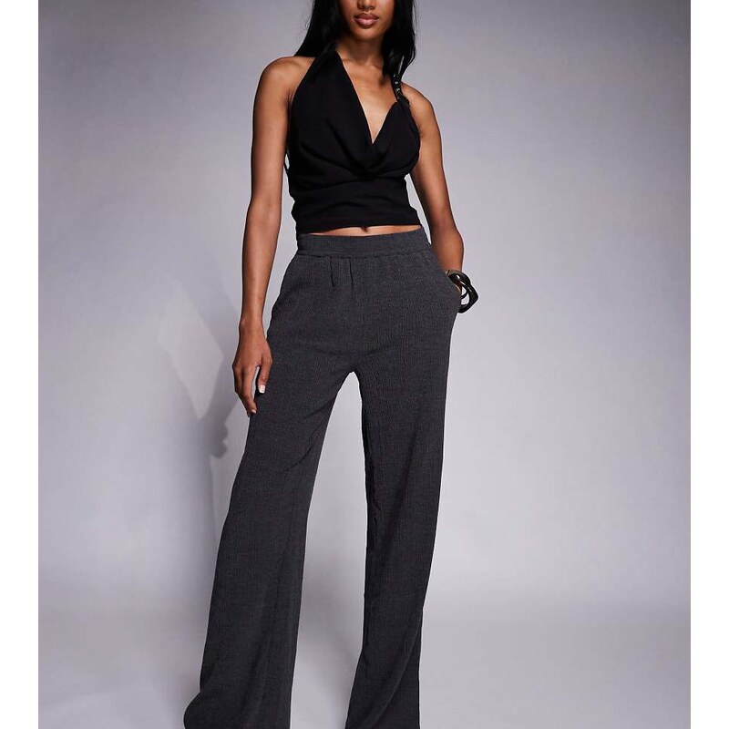 ASOS Tall ASOS DESIGN Tall textured wide leg trouser in black 108551569