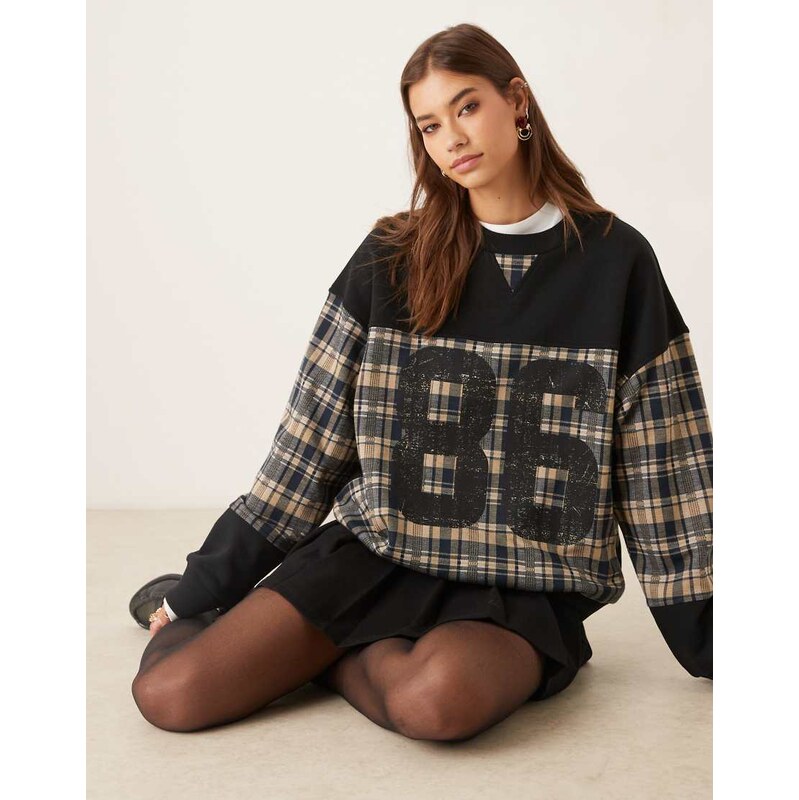 ASOS DESIGN checked sweatshirt with 86 graphic in navy-Multi 108551584