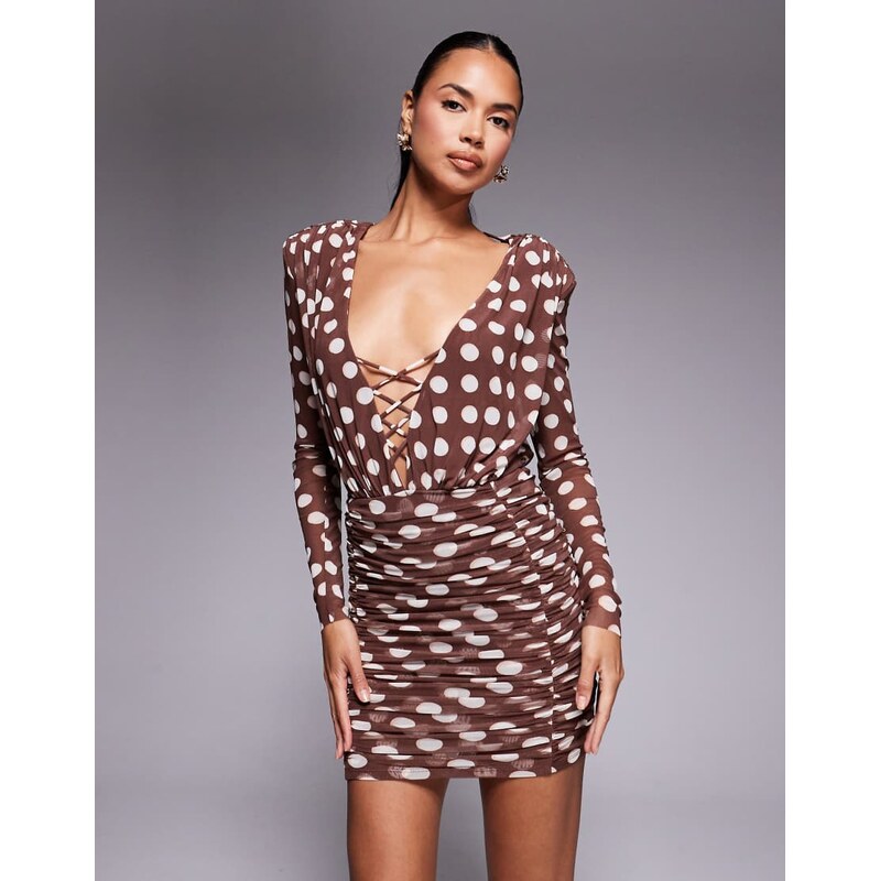 AFRM long sleeved plunge mini dress in chocolate polka dot print-Multi 113263229