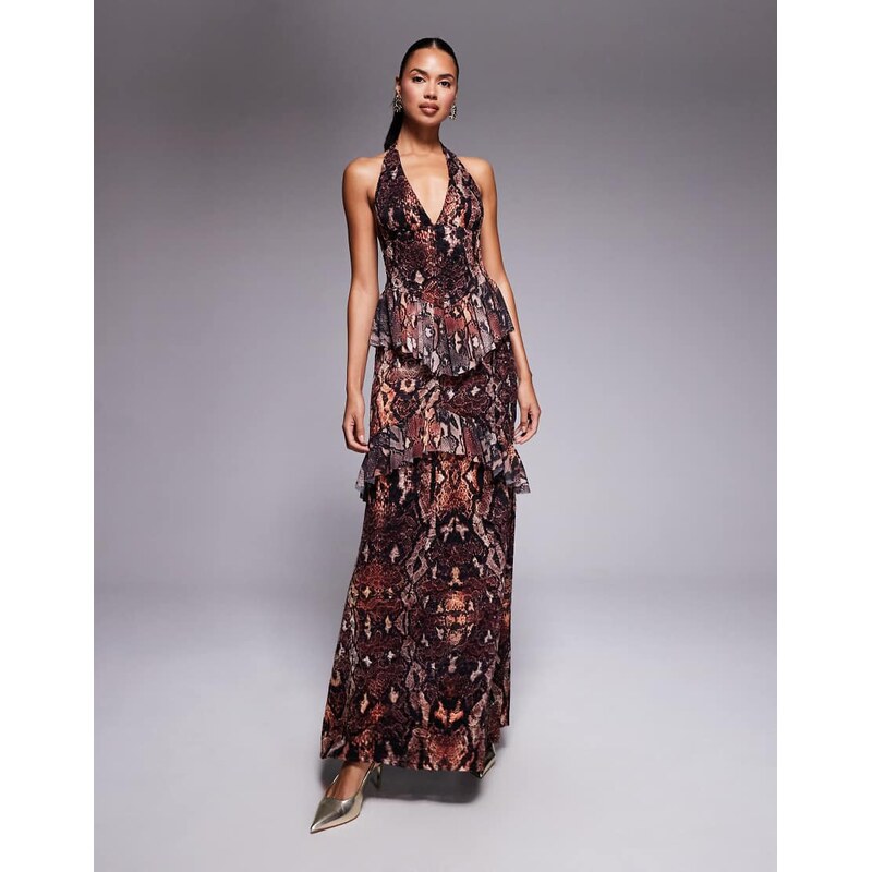 AFRM crochet lace halterneck maxi dress with ruffled in snake print 108551598