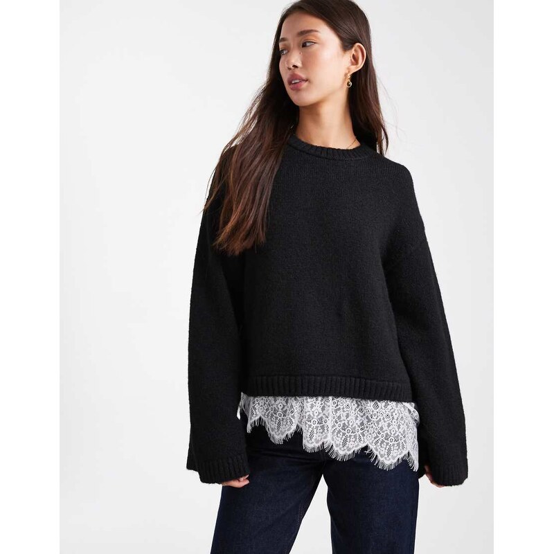 ASOS DESIGN knitted fluffy wide sleeve jumper with lace hem in black 108551619