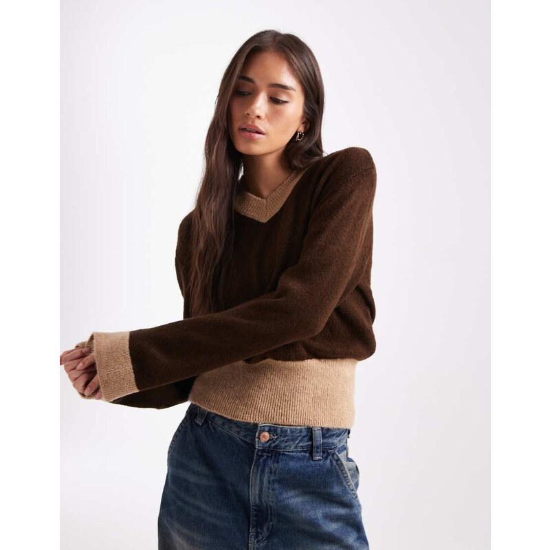ASOS DESIGN knitted high v neck jumper with contrast ribs in brown 108555742