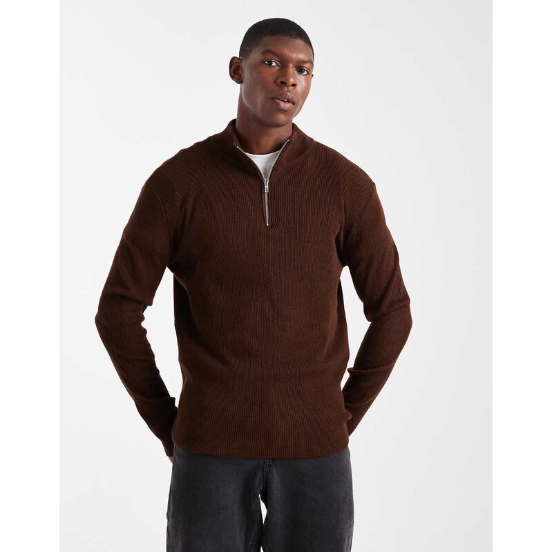 ASOS DESIGN knitted half zip ribbed jumper in brown