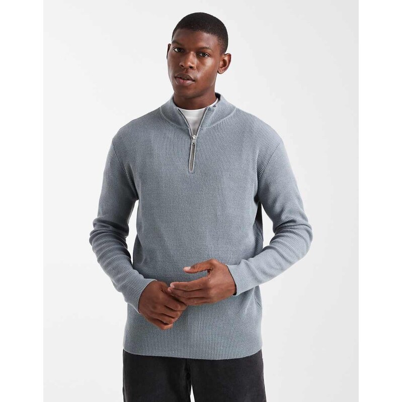 ASOS DESIGN knitted half zip ribbed jumper in grey