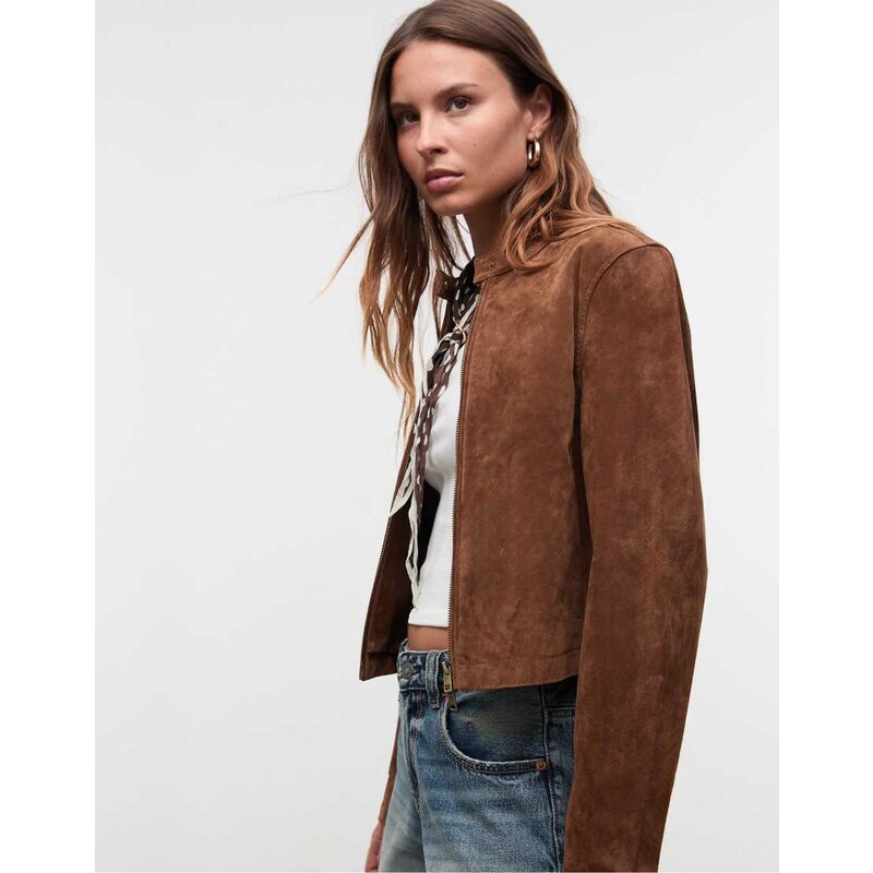 Stradivarius 100% leather cropped jacket in brown 111191891