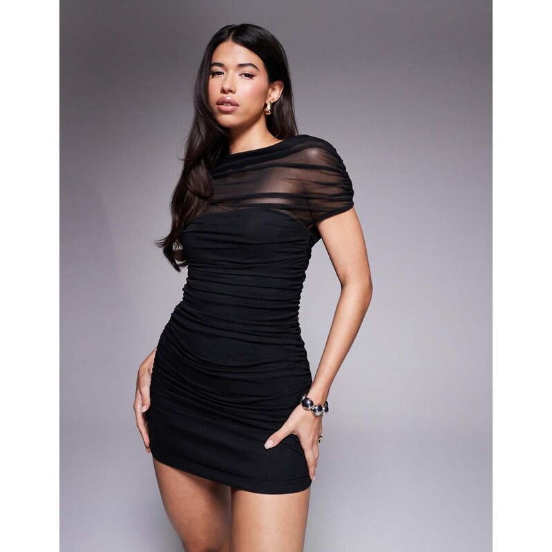 ASOS DESIGN draped shoulder mesh mini dress with ruching in