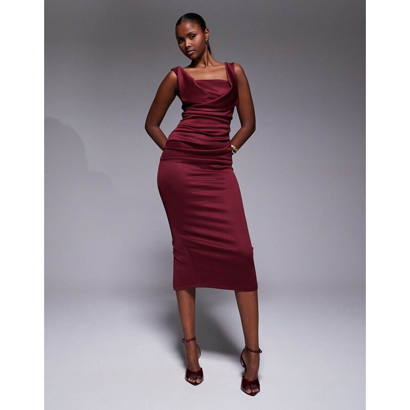 ASOS DESIGN square neck pleat bust midi pencil dress in burgundy