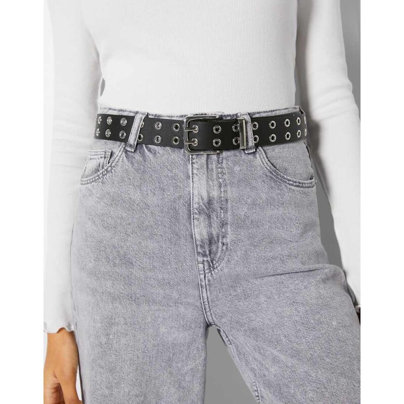 Bershka Faux leather belt with eyelets in black 108555922