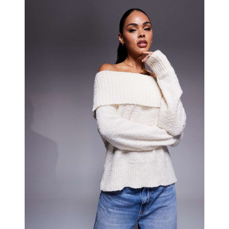 Princess Polly Parkley boucle deep bardot jumper in cream-White