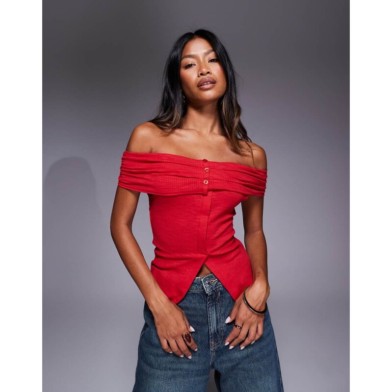 Princess Polly Azusa ribbed knit foldover bardot top in red 108555547