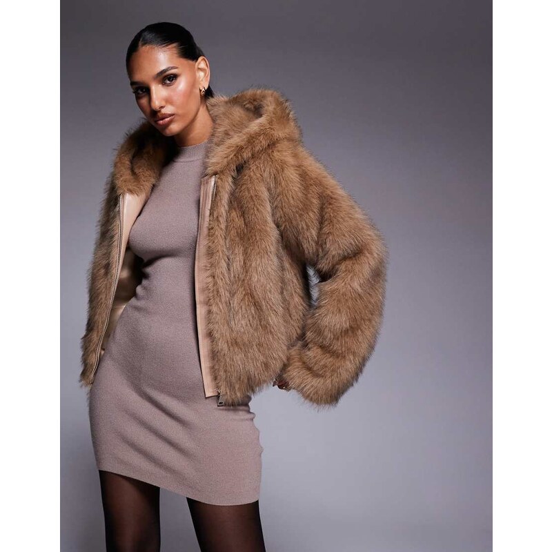 Azalea Wang Sugar cropped faux fur coat with hood in tan-Brown 108555560