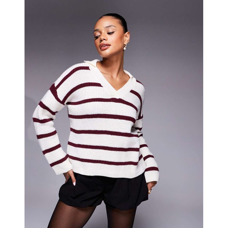Princess Polly Forte v neck collared jumper in red & cream