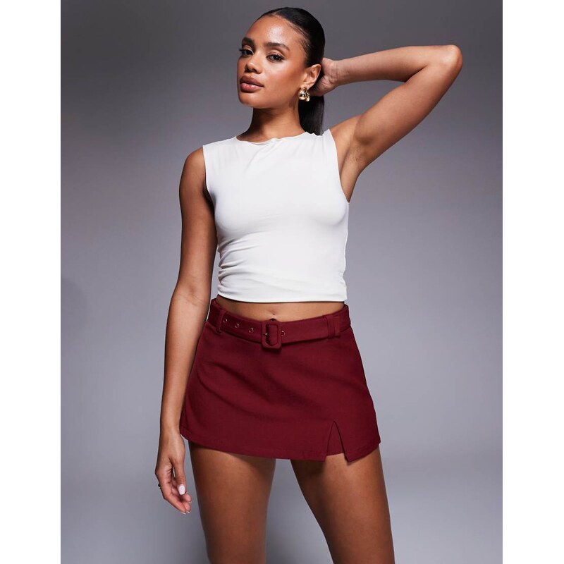Princess Polly Volley belted side split detail mini skort in burgundy 108555591