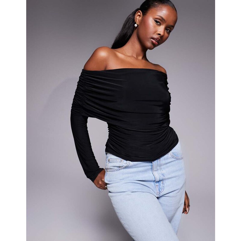 ASOS DESIGN slinky drape bardot long sleeve top in black