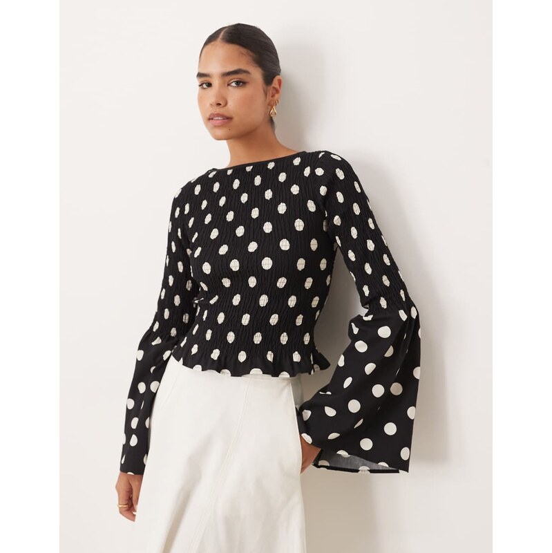 ASOS DESIGN shirred bodice long sleeve in black polka dot