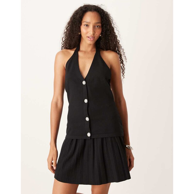 Amy Lynn knitted halterneck top with diamonte buttons in black 108555714