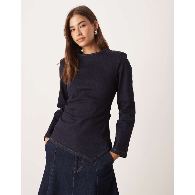 ASOS DESIGN cinched waist denim long sleeve top with shoulder