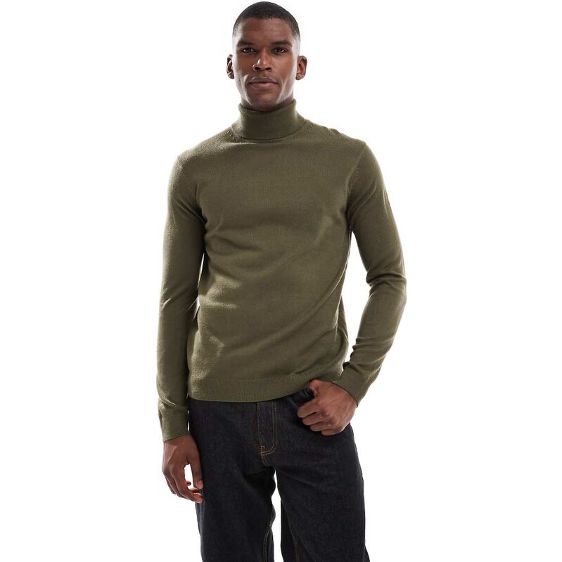 New Look roll neck jumper in dark khaki-Green