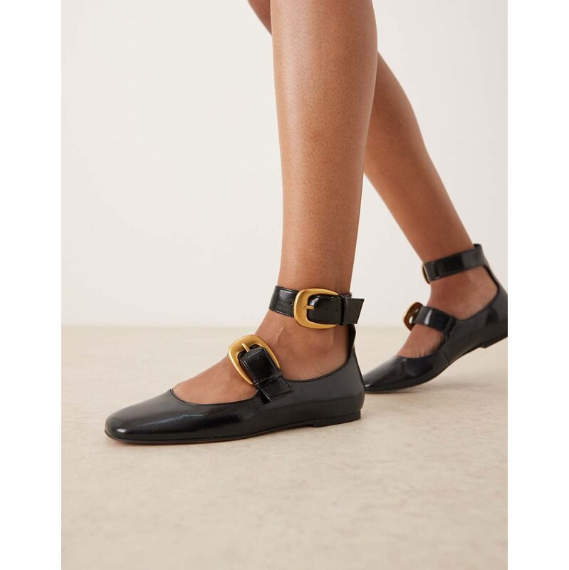 ASOS DESIGN Lorna oversized buckle mary jane ballets in black 113261783