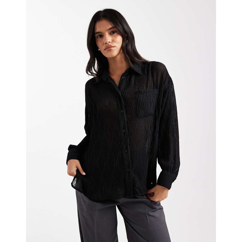 ASOS DESIGN sheer crinkle detail shirt in black